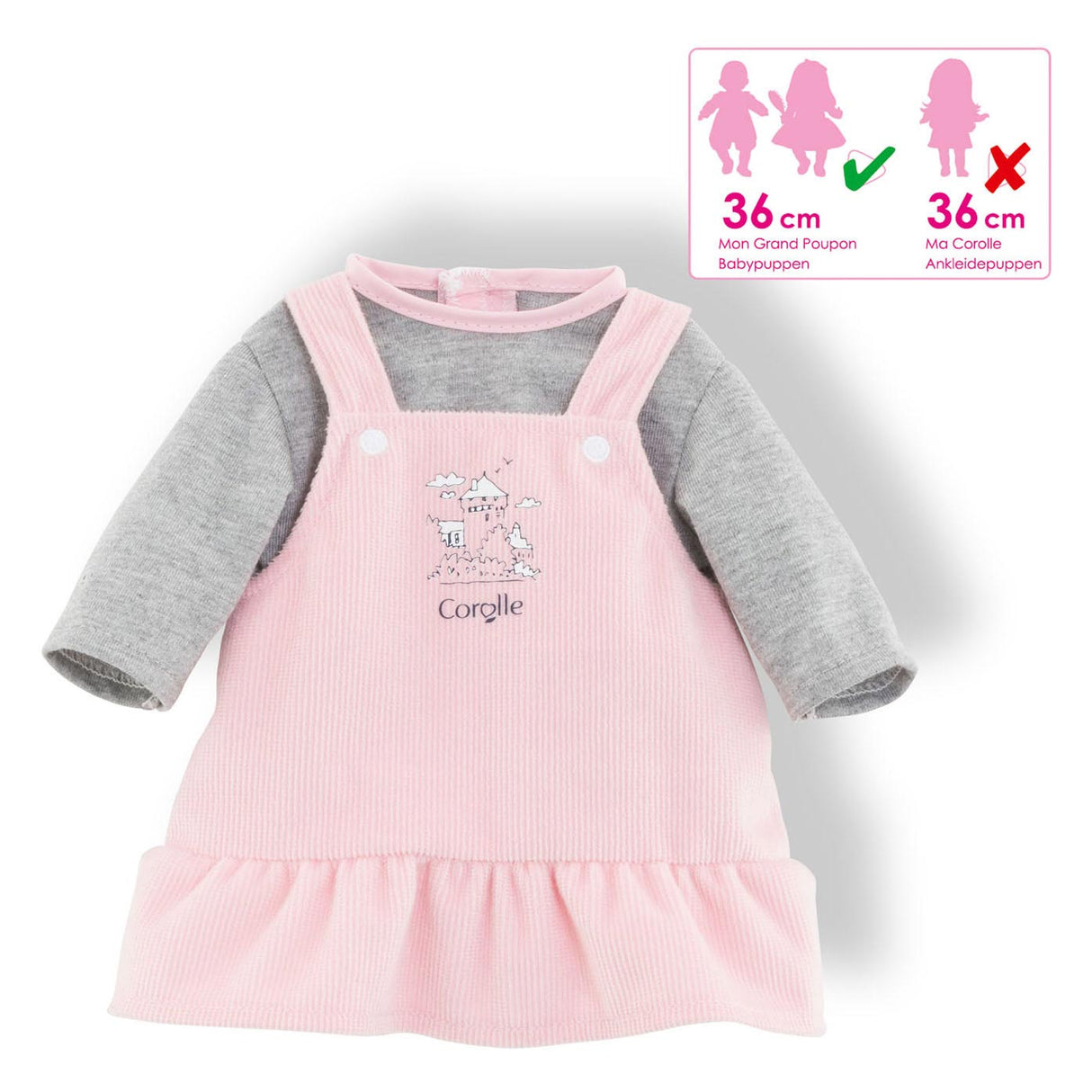 Corolle poppenjurk met shirt - babypop kleding 36cm roze grijs.