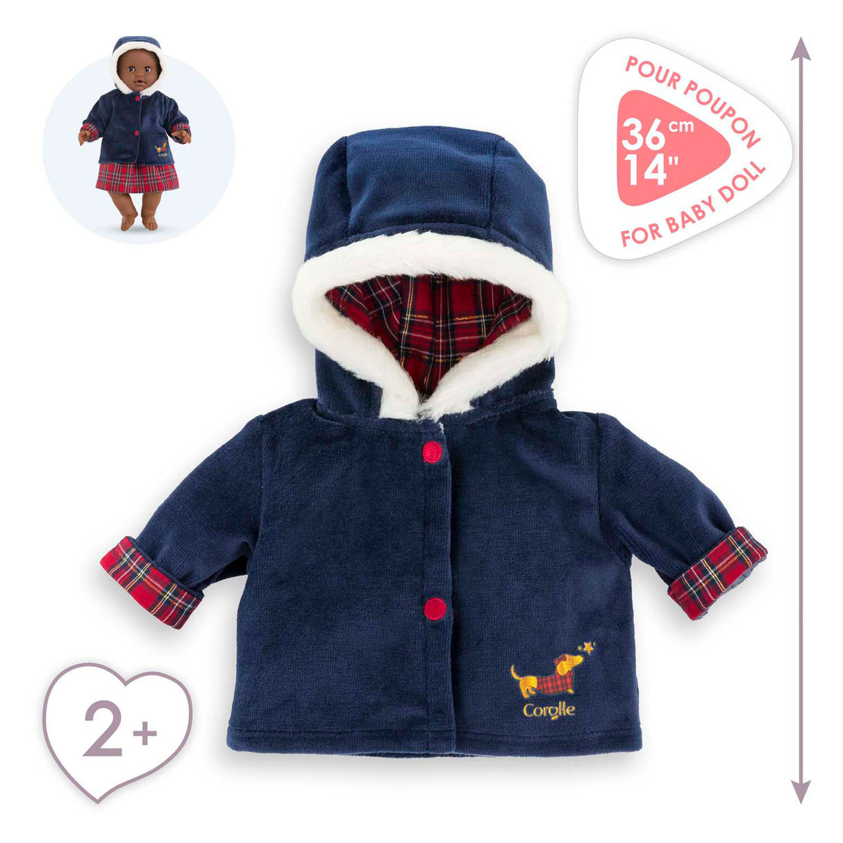 Corolle babypop winterjas - donkerblauw, bontkraag, 36cm poppen.