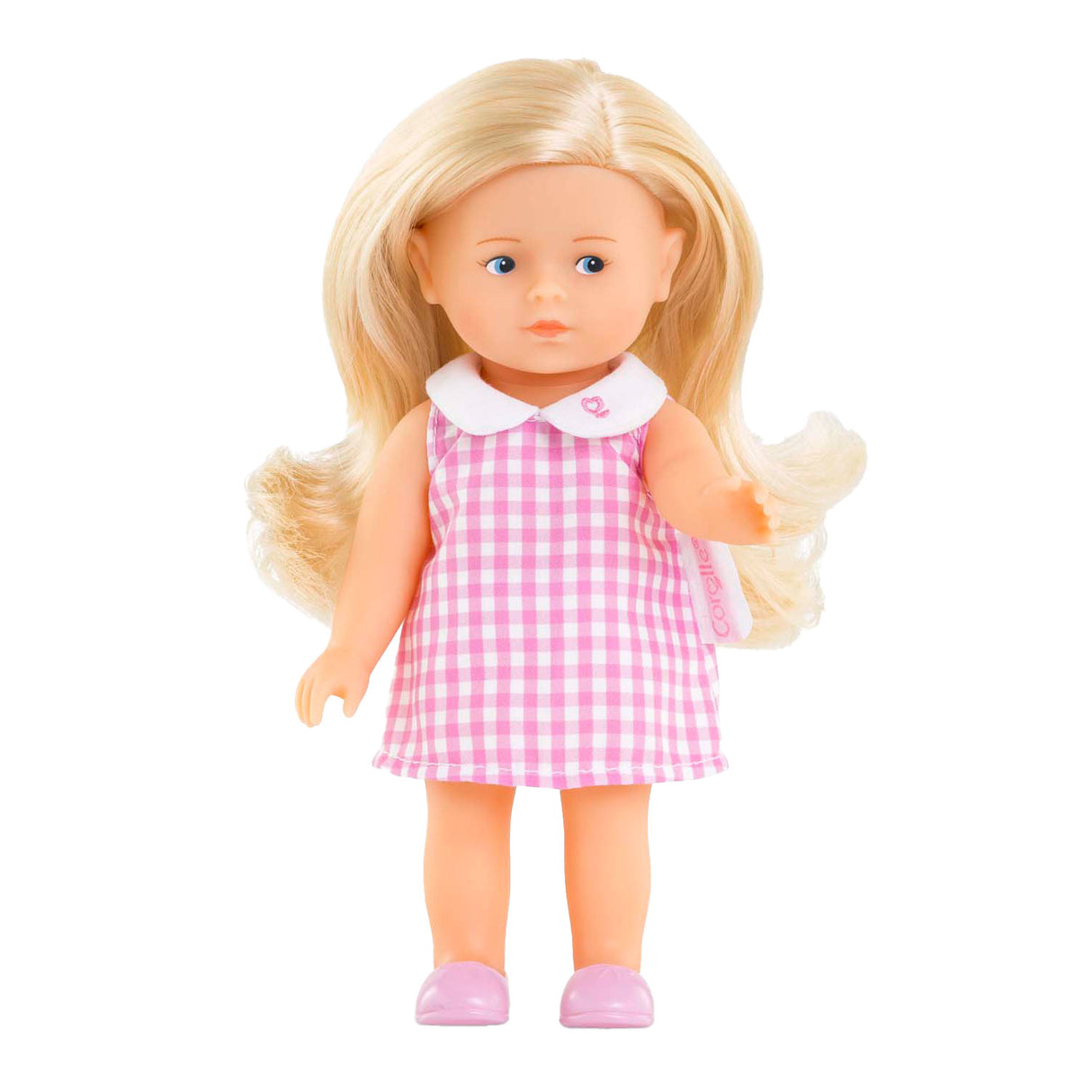 Corolle babypop mini corolline rosy met roze geruite jurk pop.