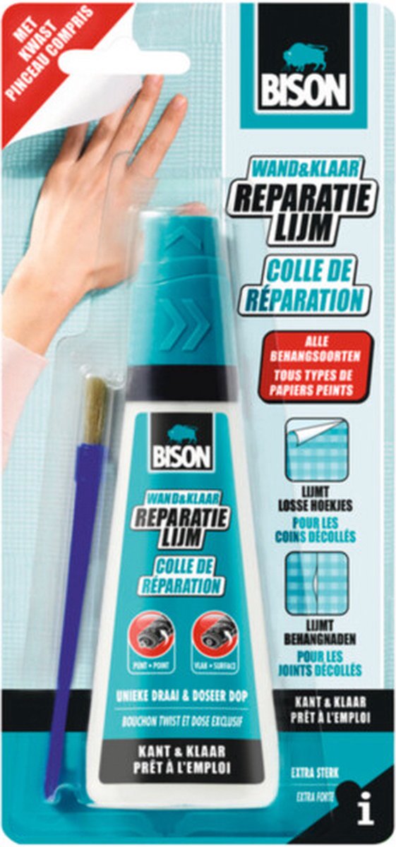 Bison wand klaar® behangreparatielijm 90 ml incl. lijmkwast, kant en klaar, extra sterk, losse hoeken en naden, geschikt voor allerlei verschillende soorten behang