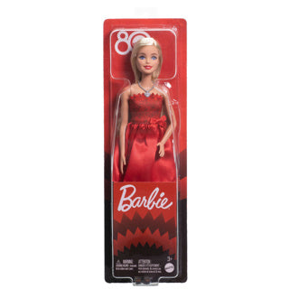 Barbie mattel 80-jubileum modepop – robijnrode jurk zilveren accenten
