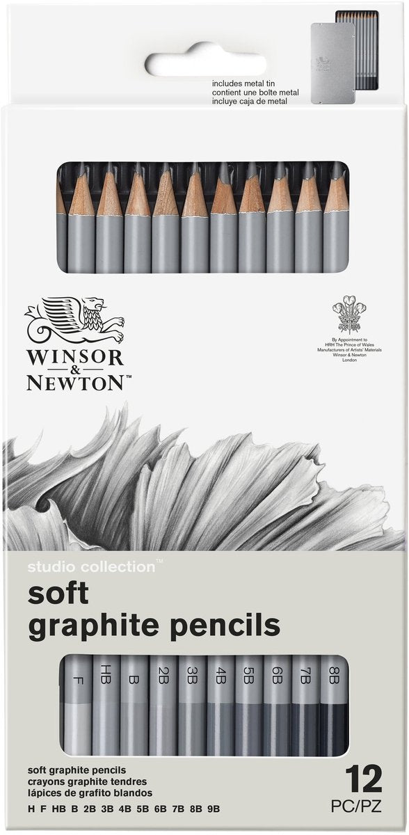 Winsor newton 0490007 professionele grafietpotloden set x12 – zachte schetspotloden tekenpotloden h t m 9b in metalen blik