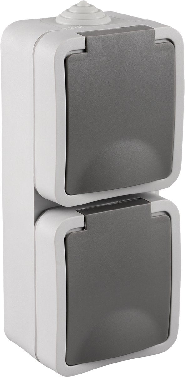 Q-link dubbel buitenstopcontact – opbouw stopcontact – wandcontactdoos – ip54 spatwaterdicht – verticaal – grijs