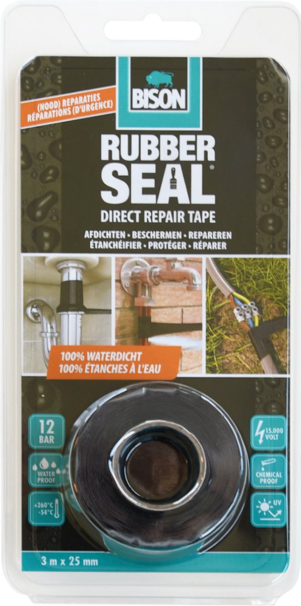 Bison rubber seal direct repair tape 3 meter x 25 mm - direct repareren, sterke reparatietape, direct 100% waterdicht, binnen en buiten, repareren, versterken, afdichten, verbinden