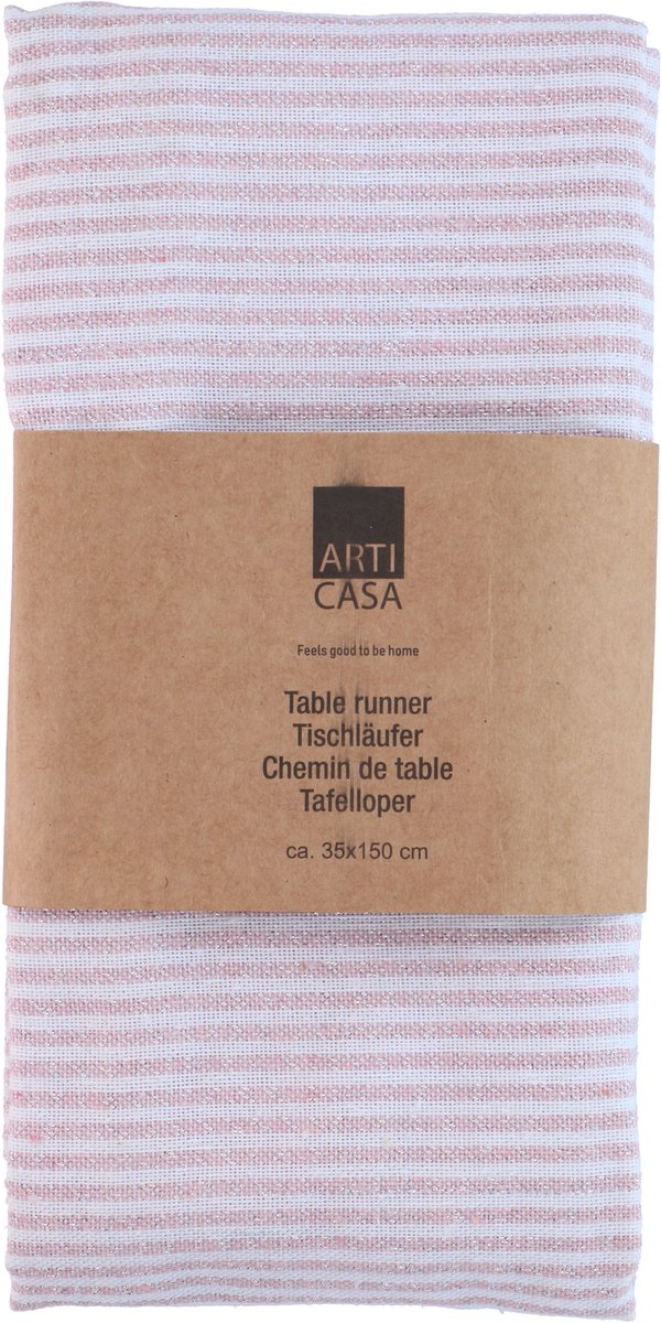 Arti casa tafelloper 35x150 cm - tafelloper roze gestreept - tafelloper voor eettafel - langwerpige tafel decoratie - roze en wit