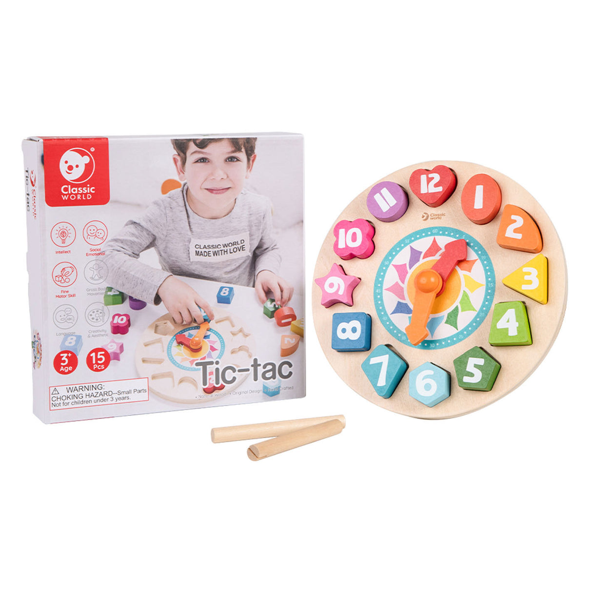 Classic world houten leerklok met vormen tic-tac, 15dlg.
