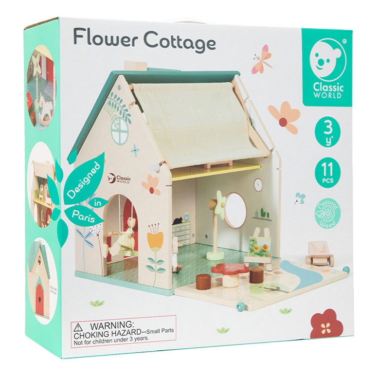 Classic world houten poppenhuisje - poppenhuis met tuintje en accessoires.
