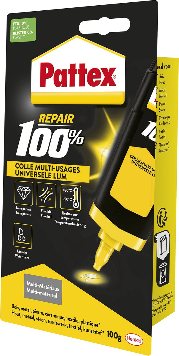 Pattex alleslijm 100% | universeel 100 gram lijm | alle toepassingen materialen | rolbare multi lijm | extreem sterk.