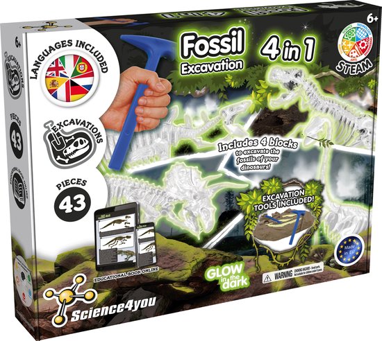 Science 4 you science4you - fossil excavation - 4 in 1 glow in the dark - experimenteerset