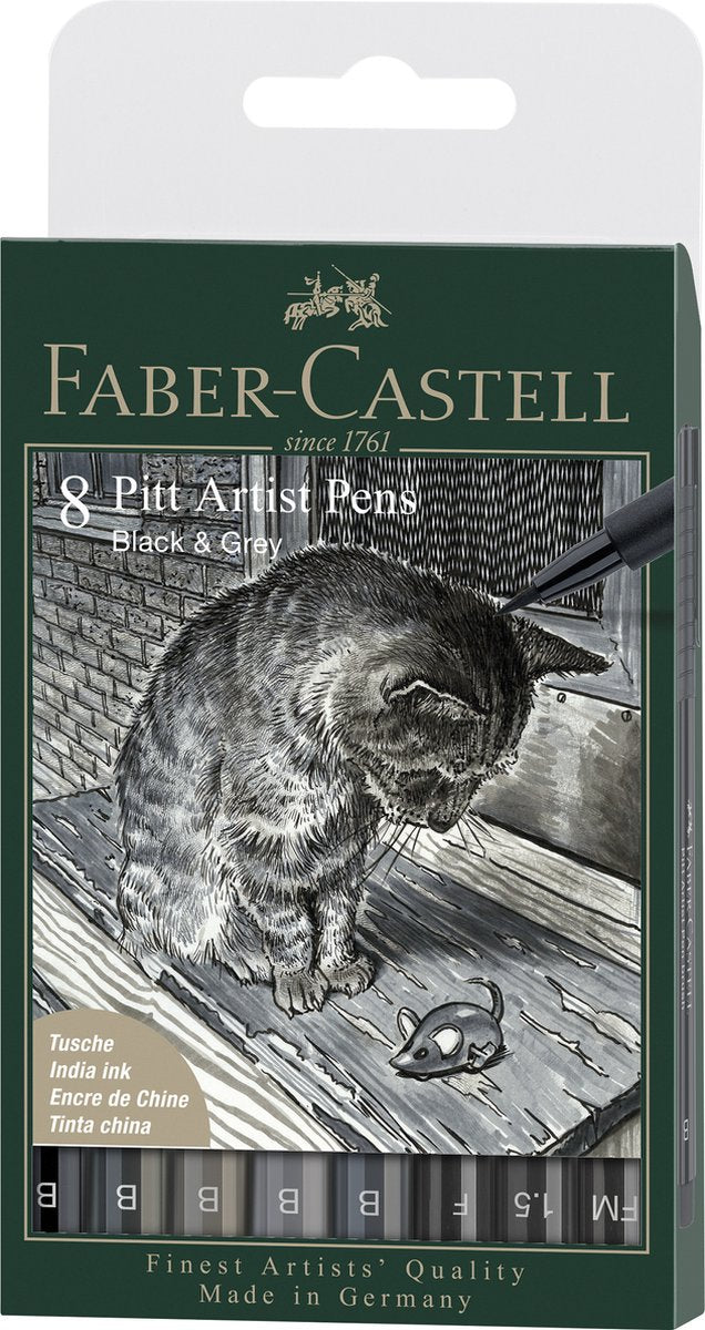 Faber-castell tekenstift - fineliners - pitt artist pen - zwart + grijs - 8-delig etui lijnbreedte fm, 1.5, f, 5x b - fc-167171