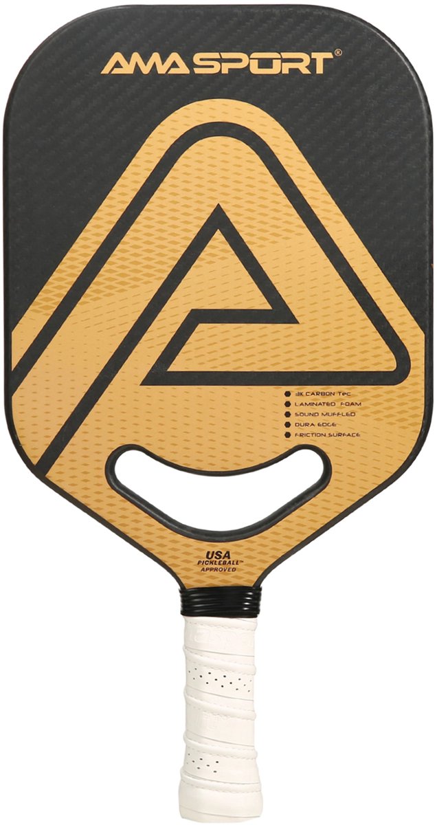 Ama sport pickleball paddle pp002-3kg goud zwart – 3k carbon surface – 20 mm kern – aero-duraedge air dynamic throat –