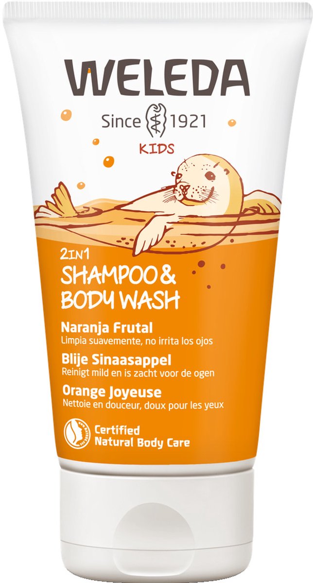 Weleda kids 2-in-1 shampoo body wash - sinaasappel - reinigt huid haar zacht - reinigt mild zacht voor ogen - 100% natuurlijke ingrediënten- 150ml