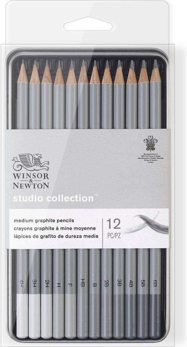 Winsor newton 0490008 studio collection medium grafietpotloden set x12 – schets- tekenpotloden 4h-6b in metalen blik