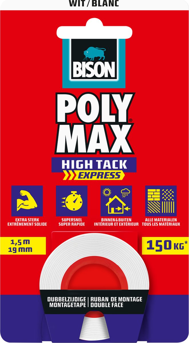 Bison poly max® high tack express montage tape wit, universele dubbelzijdige montagetape 1,5 meter x 19mm, eenvoudig in gebruik, extra sterk, supersnel, ophangen zonder boren
