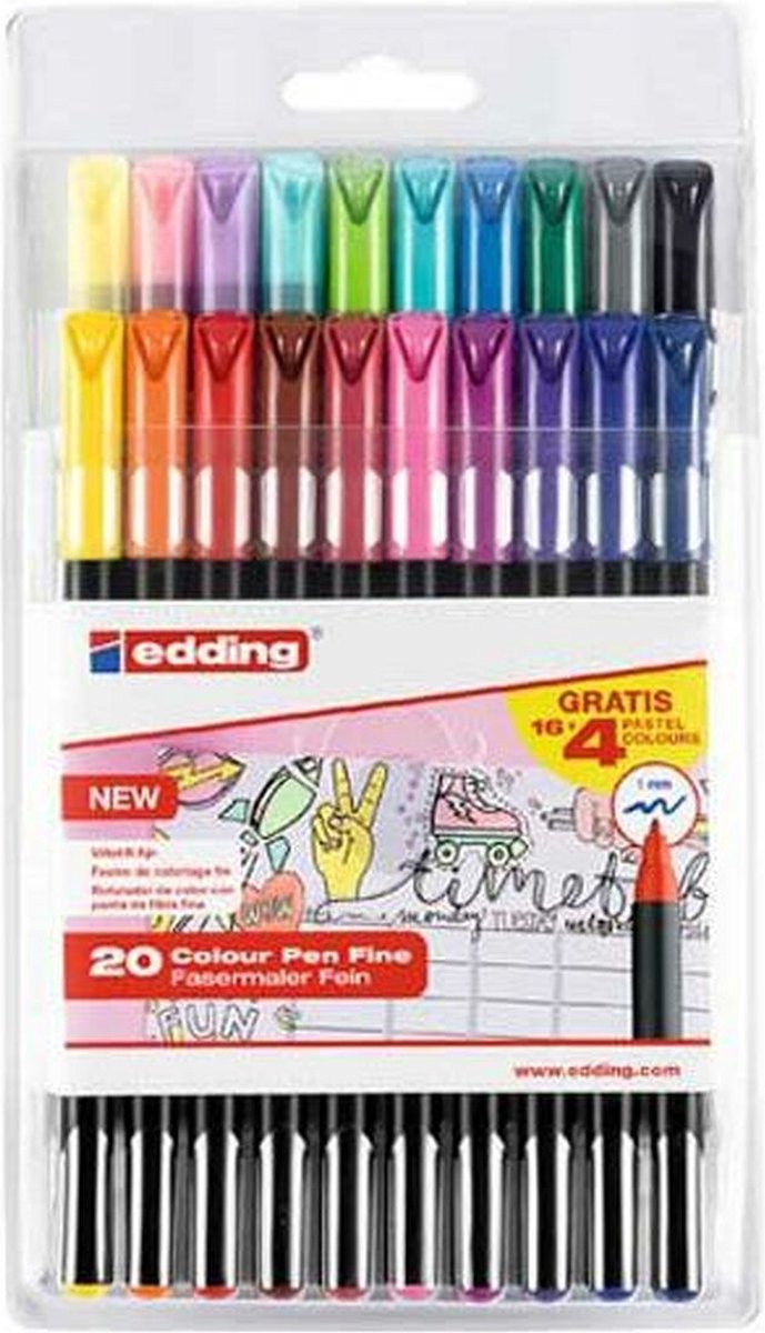 Edding 1200 - viltstiften - set van 20 kleuren in etui - 1 mm ronde punt - back to school