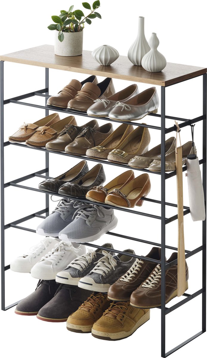 Yamazaki schoenenrek met houten bovenblad - 6 niveaus - tower - zwart