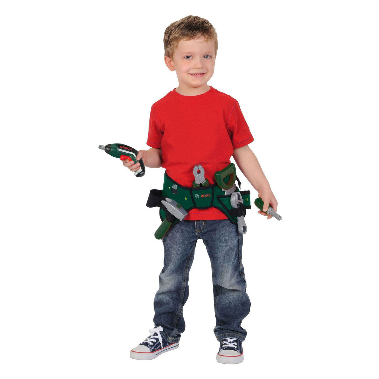 Klein toys bosch mini gereedschapsgordel-set - accuschroevendraaier, hamer, tang, zaag, moersleutel, schroevendraaier - incl. licht- en geluidseffecten - groen rood