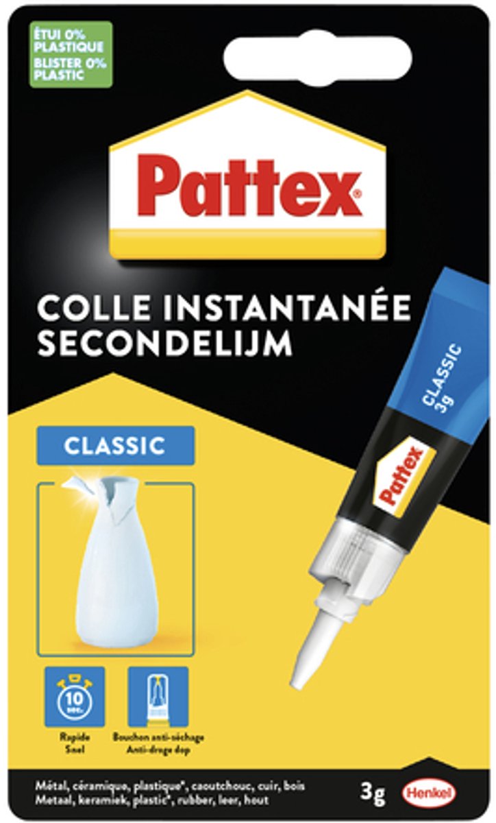 Pattex classic 3 g extra sterke superlijm voor rubber, metaal, glas, kunststof, keramiek, hout, leder, porselein meer - secondelijm - super glue