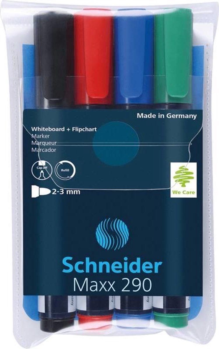 Schneider schrijfwaren schneider whiteboard stiften - maxx 290 - ronde punt - 4 stuks - voor whiteboard en flipover - s-129094