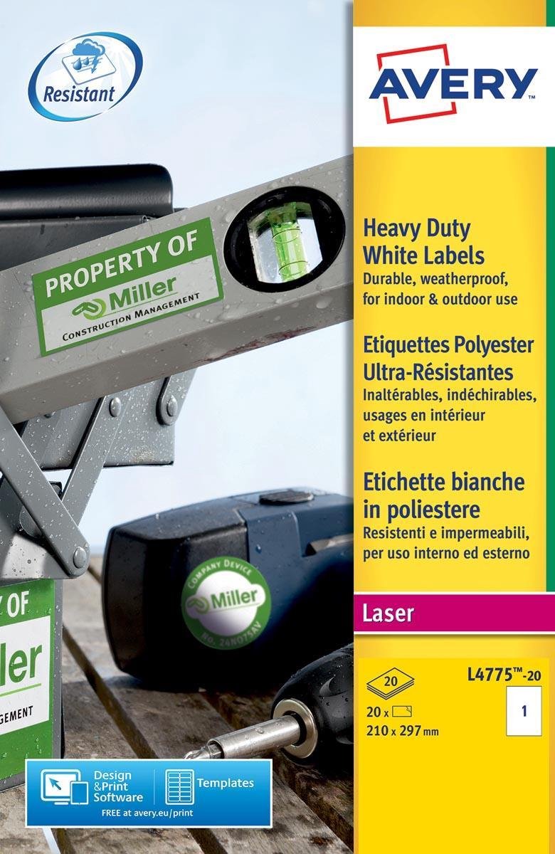 Avery huismerk l4775-20 weerbestendige etiketten 210x297mm wit