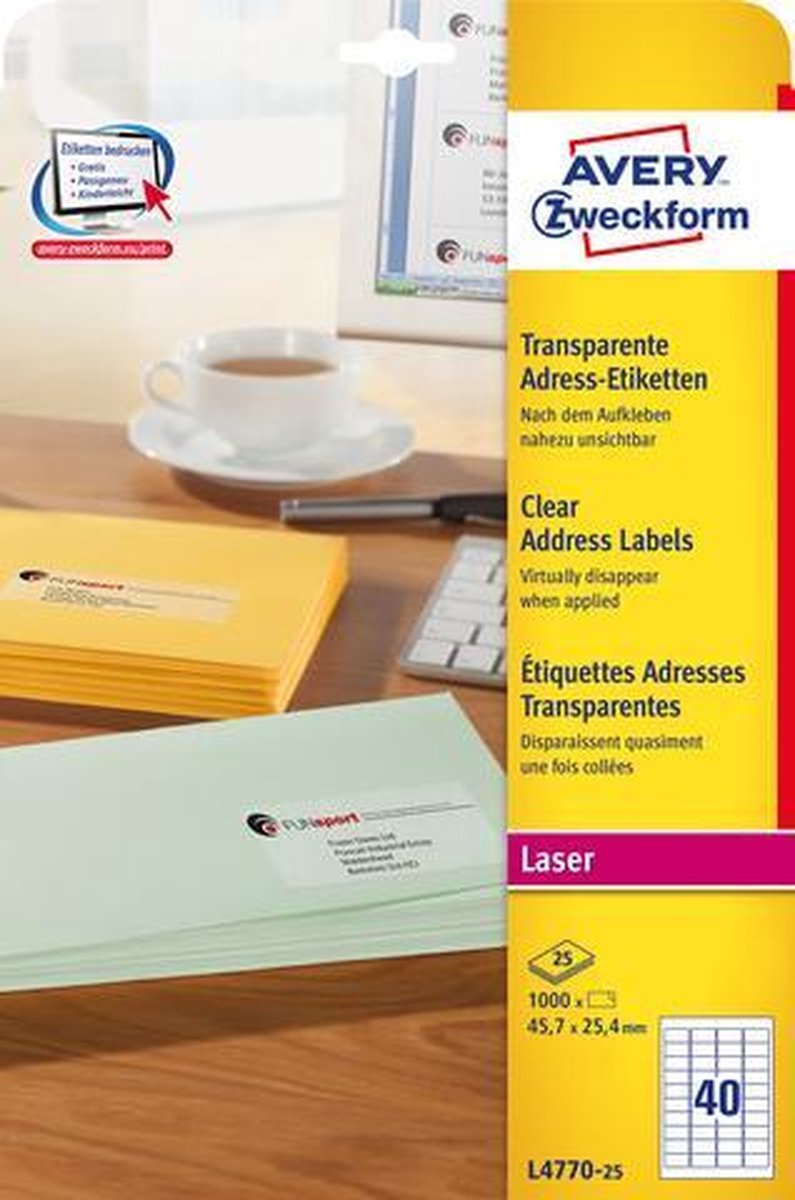 Avery laseretiket zweckform 45,7 x 25,4 mm papier transparant