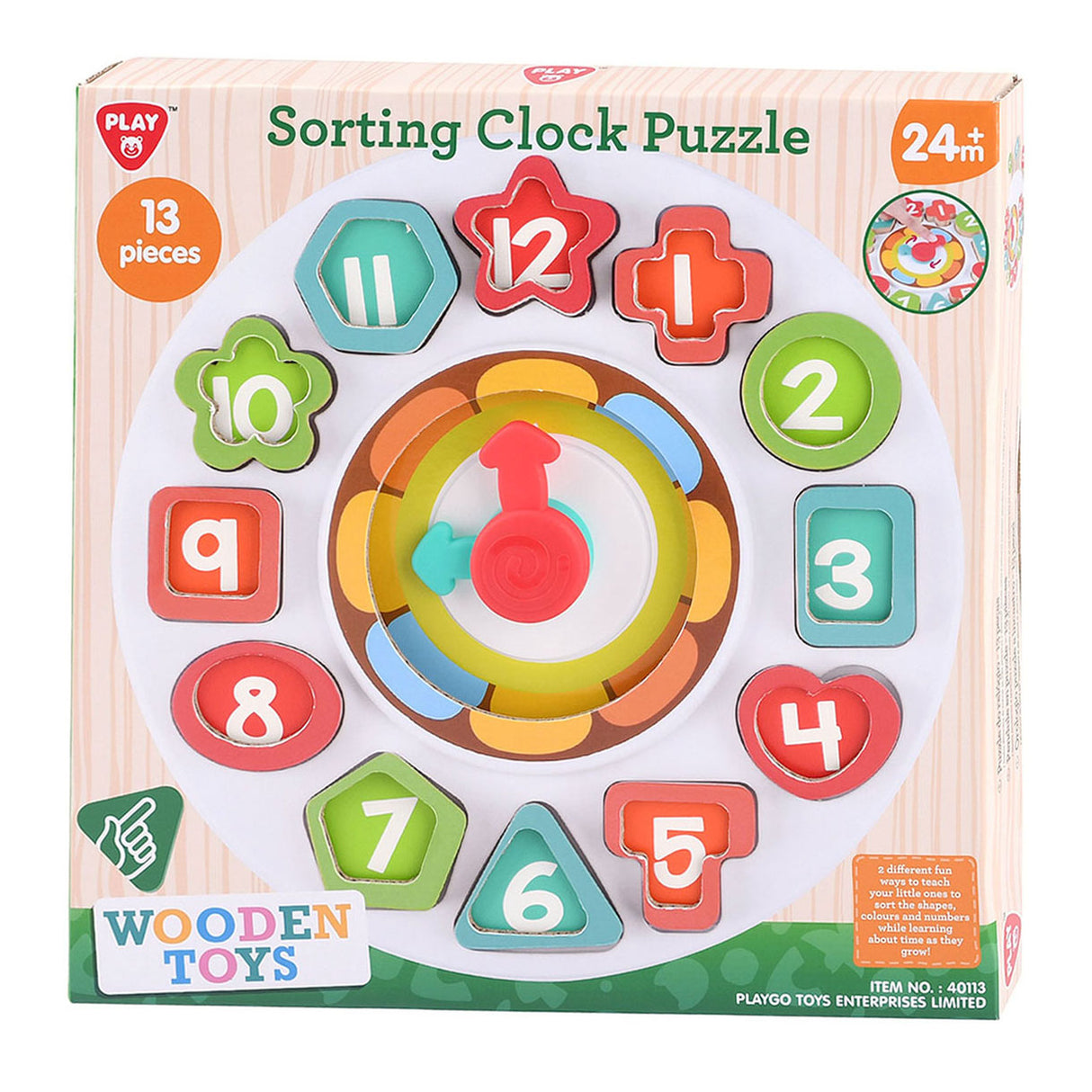Playgo houten sorteer vormen - en leerklok - 13dlg.