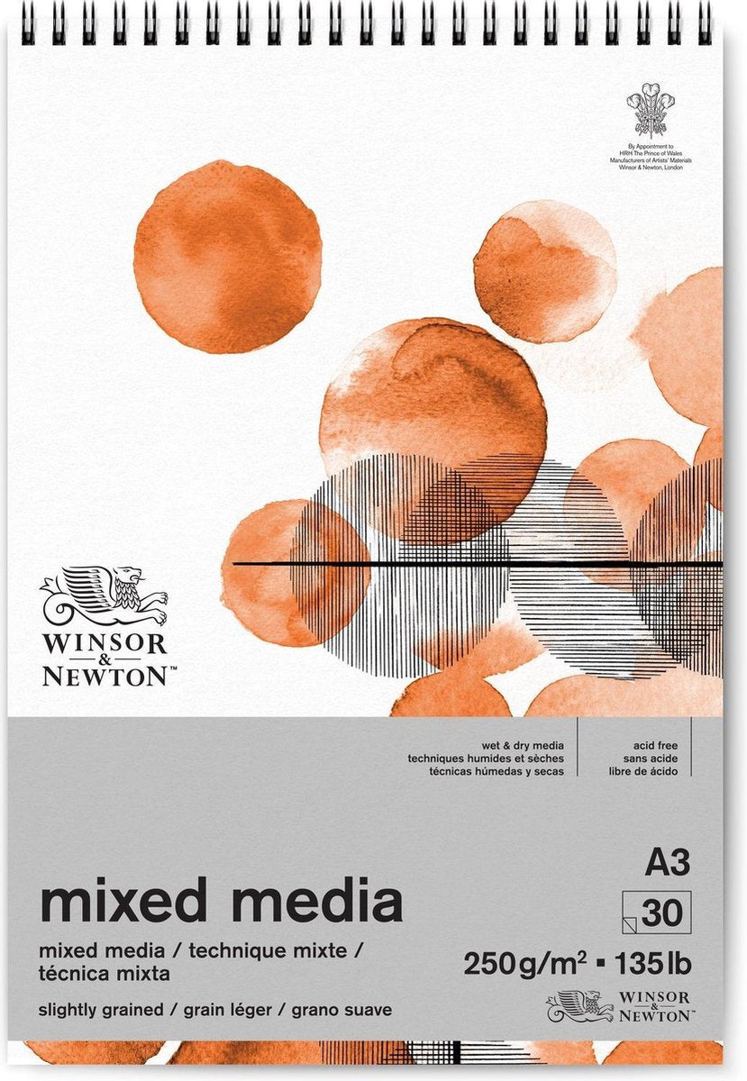 Winsor newton 6694003 mixed media pad – 250 g m², 30 vellen a3, spiraalbinding, voor olieverf, acrylverf en aquarel - mixed media blok