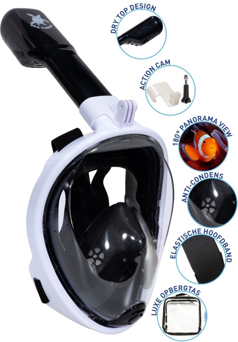 Sea turtle snorkelmasker - snorkel - duikbril - snorkelset - full face masker - volwassenen - wit zwart- l xl