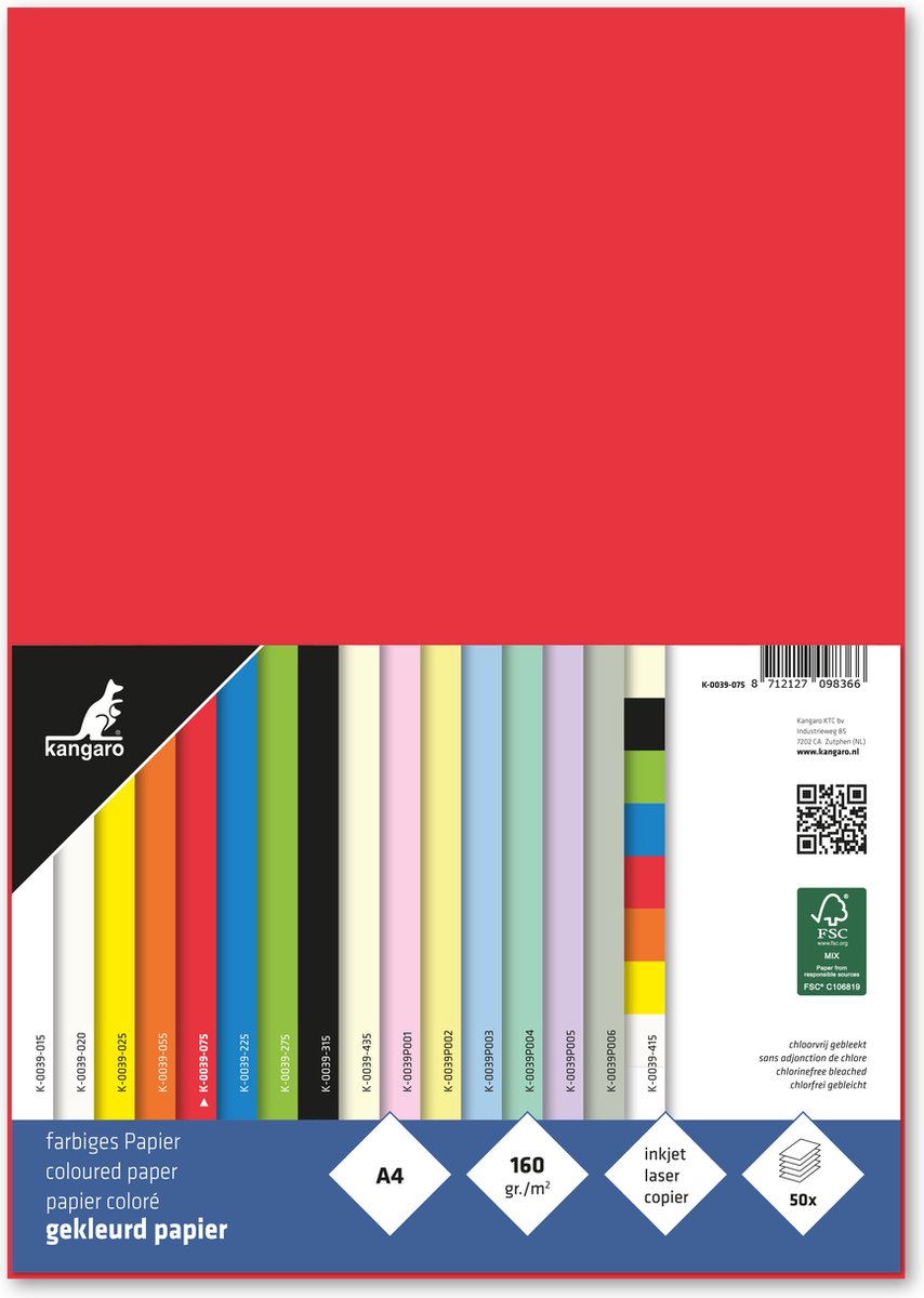 Kangaro papier - a4 - 160 gram fsc - pak 50 vel - rood - k-0039-075