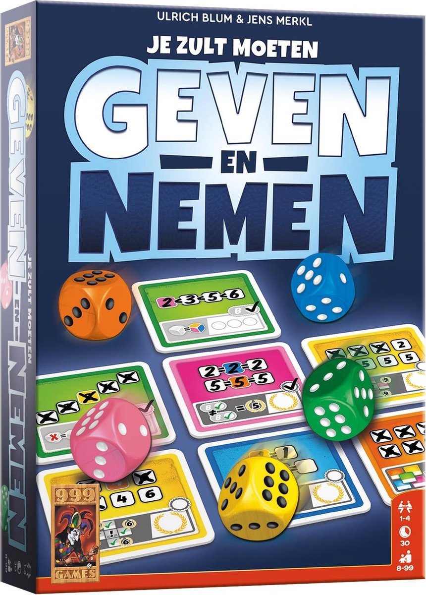 999games 999 games - geven en nemen - dobbelspel - uniek spelmechanisme - met afwasbare kaarten en viltstiften - familiespel - gezelschapsspel - klein cadeautje