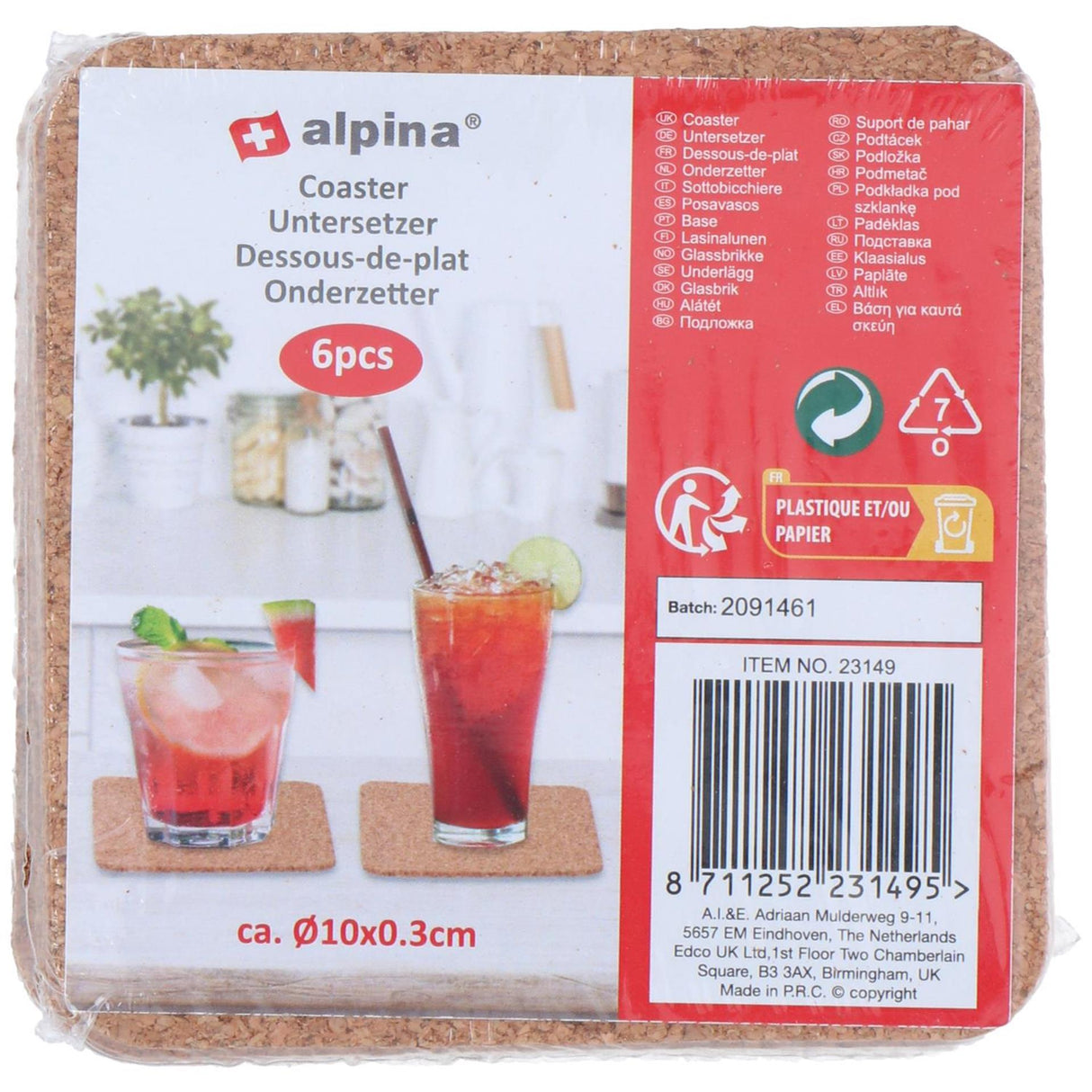 Alpina onderzetters kurk 6 stuks ø10cm vierkant of rond
