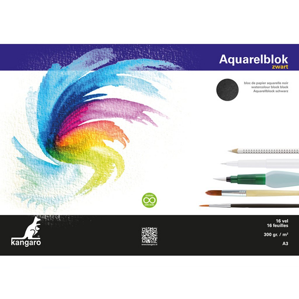 Kangaro aquarelpapier - a3 - 300 grams - 16 vel - zwart - zuurvrij - k-5313