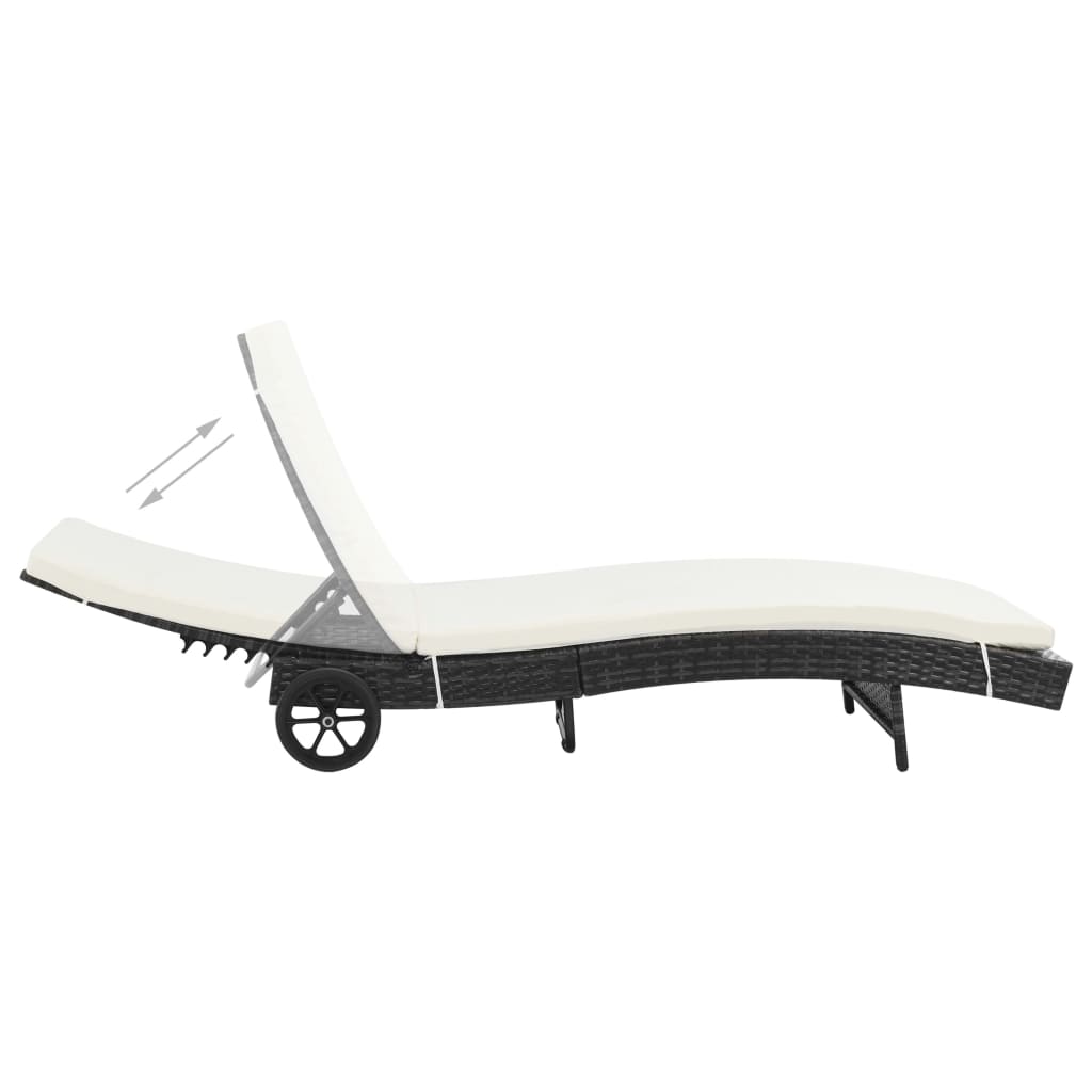 Vidaxl ligbed met wielen en kussen poly rattan zwart