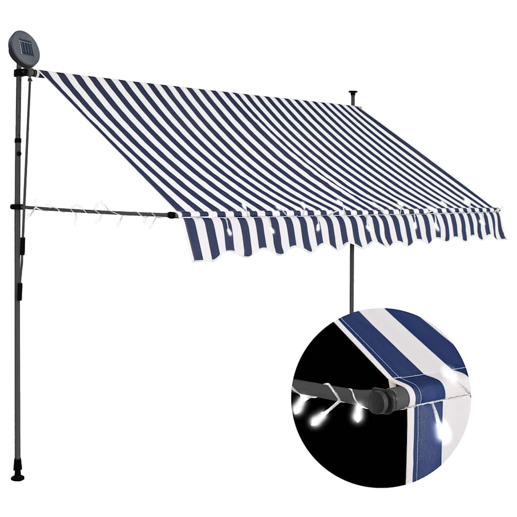 Vidaxl luifel handmatig uitschuifbaar met led 300 cm blauw en wit
