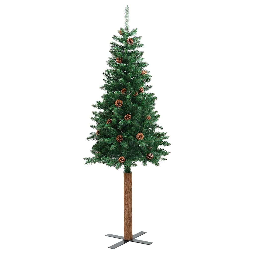 Vidaxl kerstboom met echt hout en dennenappels smal 210 cm pvc groen