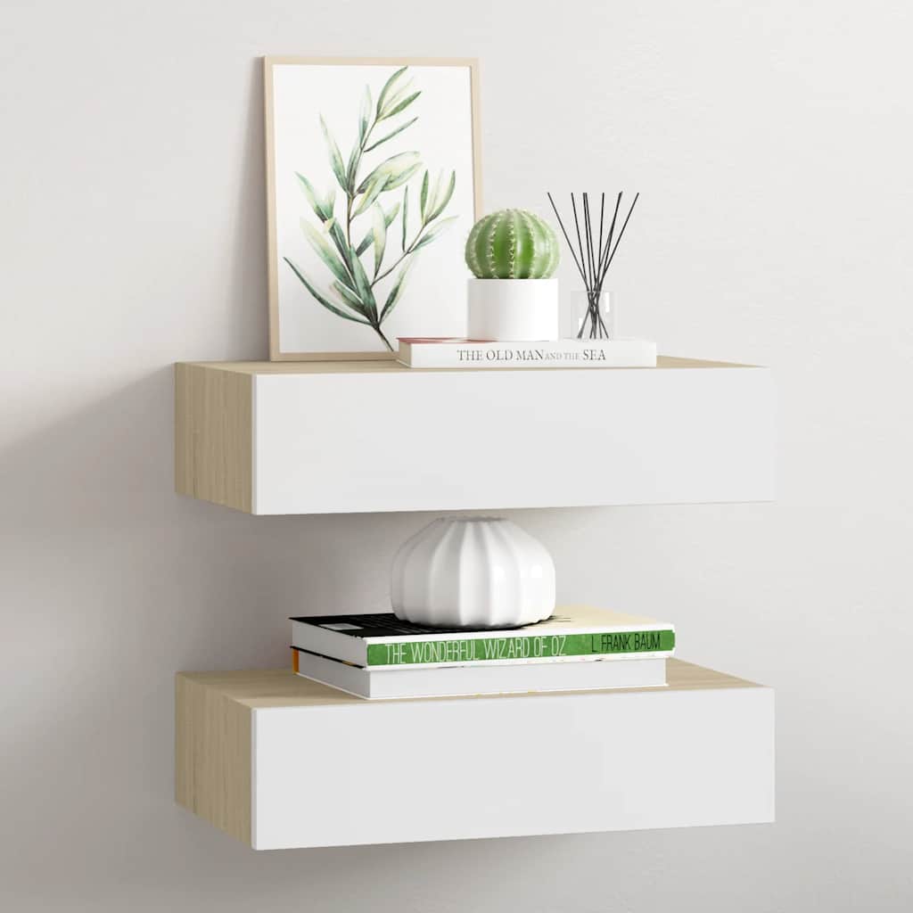 Vidaxl wandschappen 2 st met lade 40x23,5x10 cm mdf eikenkleur en wit