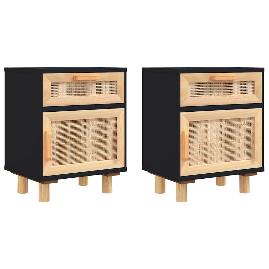 Vidaxl nachtkastjes 2 st massief grenenhout en natuurlijk rattan zwart
