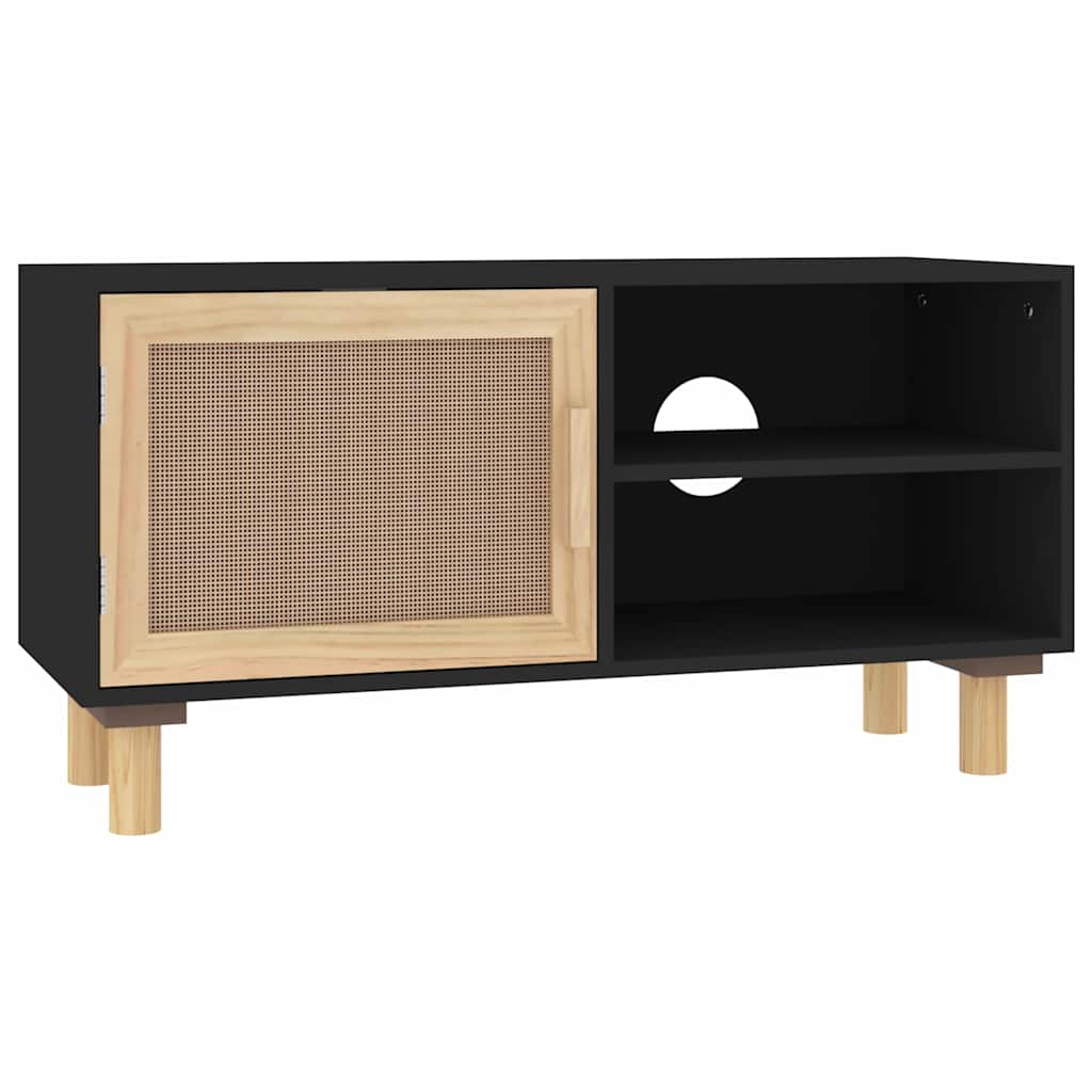 Vidaxl tv-meubel 80x30x40 cm massief grenenhout en rattan zwart