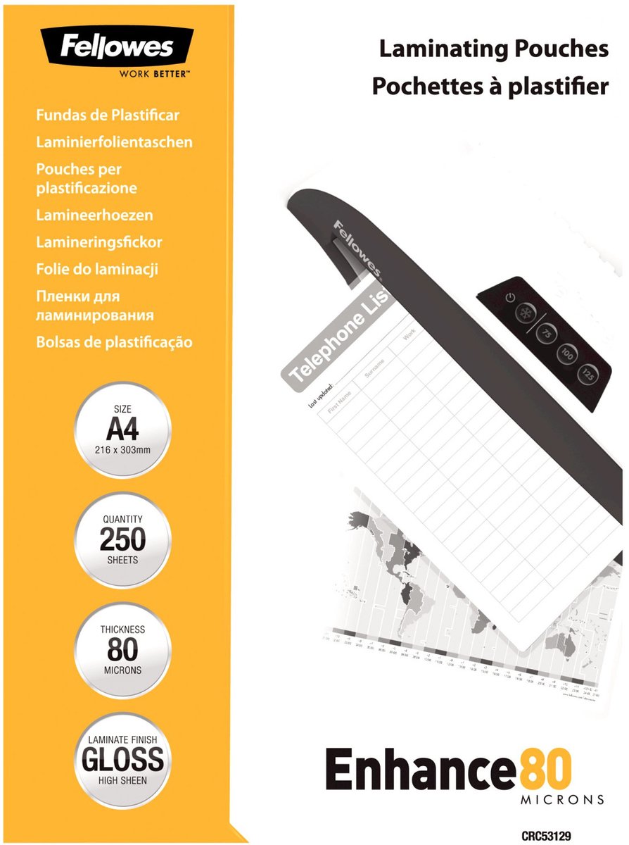 Fellowes lamineerhoezen a4 80 micron glanzend voordeelpak 250 stuks