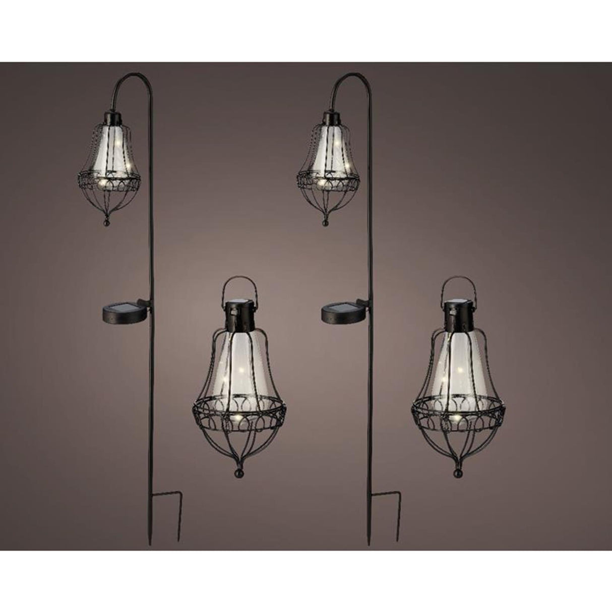 Lumineo led solarlantaarn set l11.5-w14.5-h84cm 2 steek lantaarns en 2 hang lantaarns metaal zwart h19,5 cm