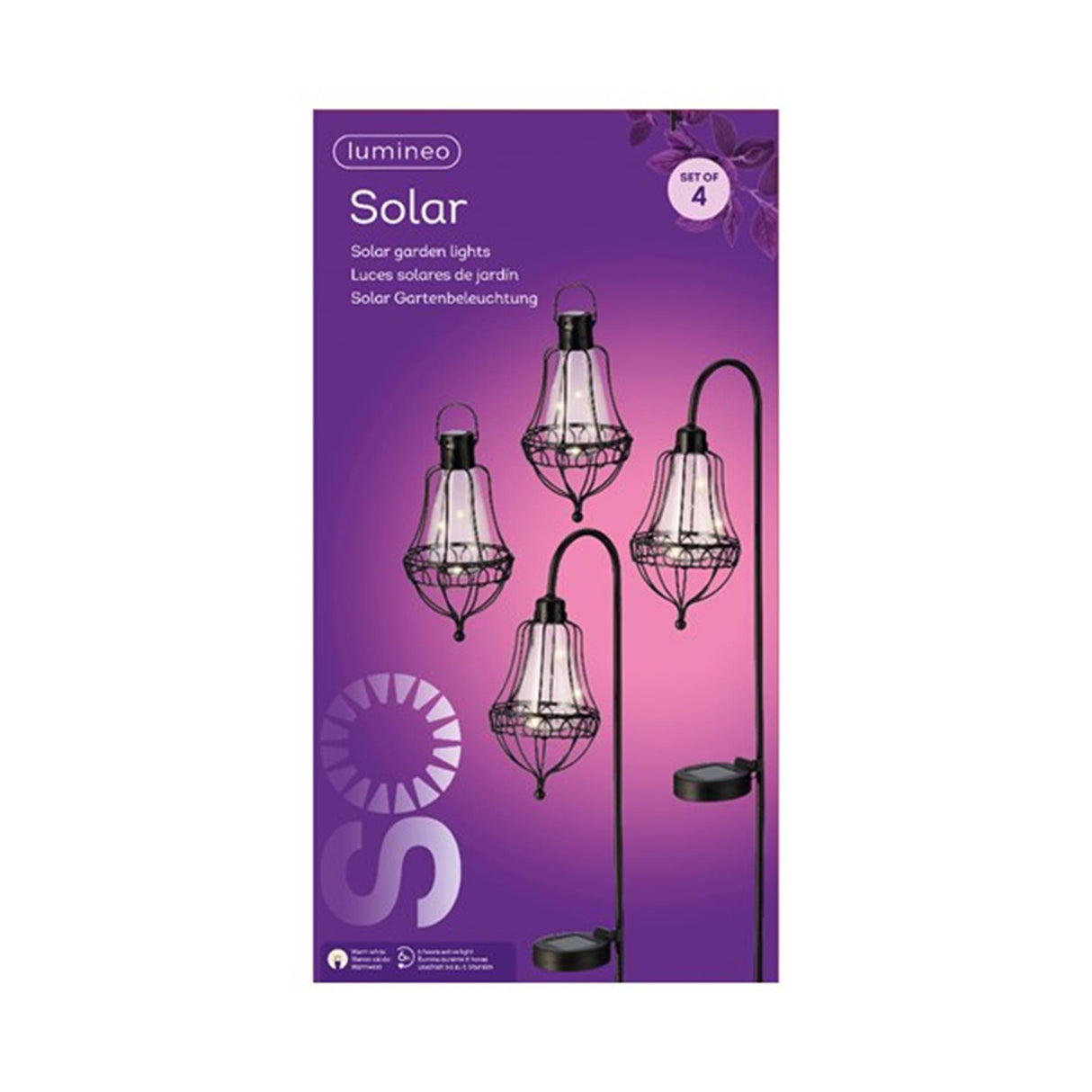 Lumineo led solarlantaarn set l11.5-w14.5-h84cm 2 steek lantaarns en 2 hang lantaarns metaal zwart h19,5 cm