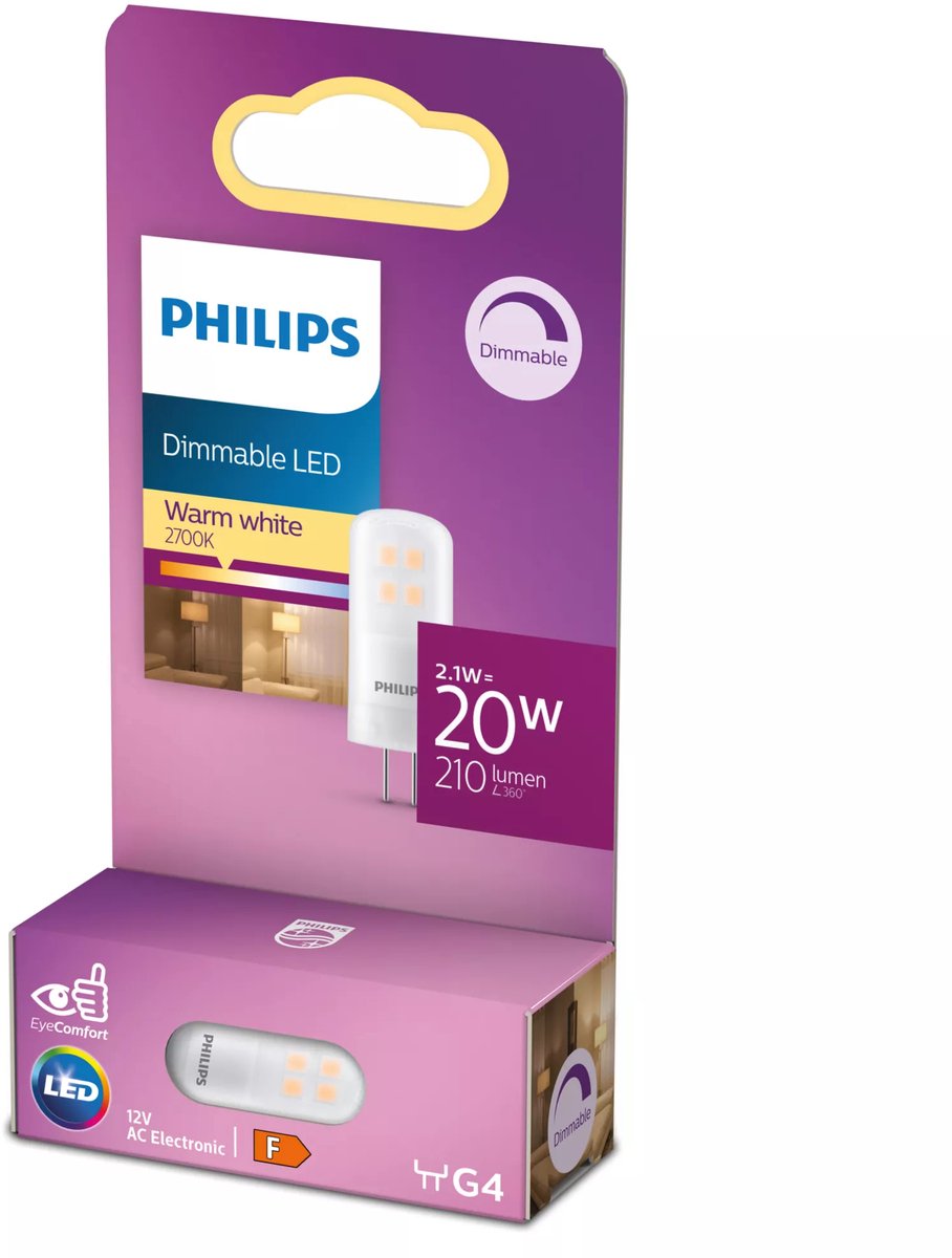 Philips led energiezuinige capsule transparant - 20 w - g4 - dimbaar warmwit licht - bespaar op energiekosten