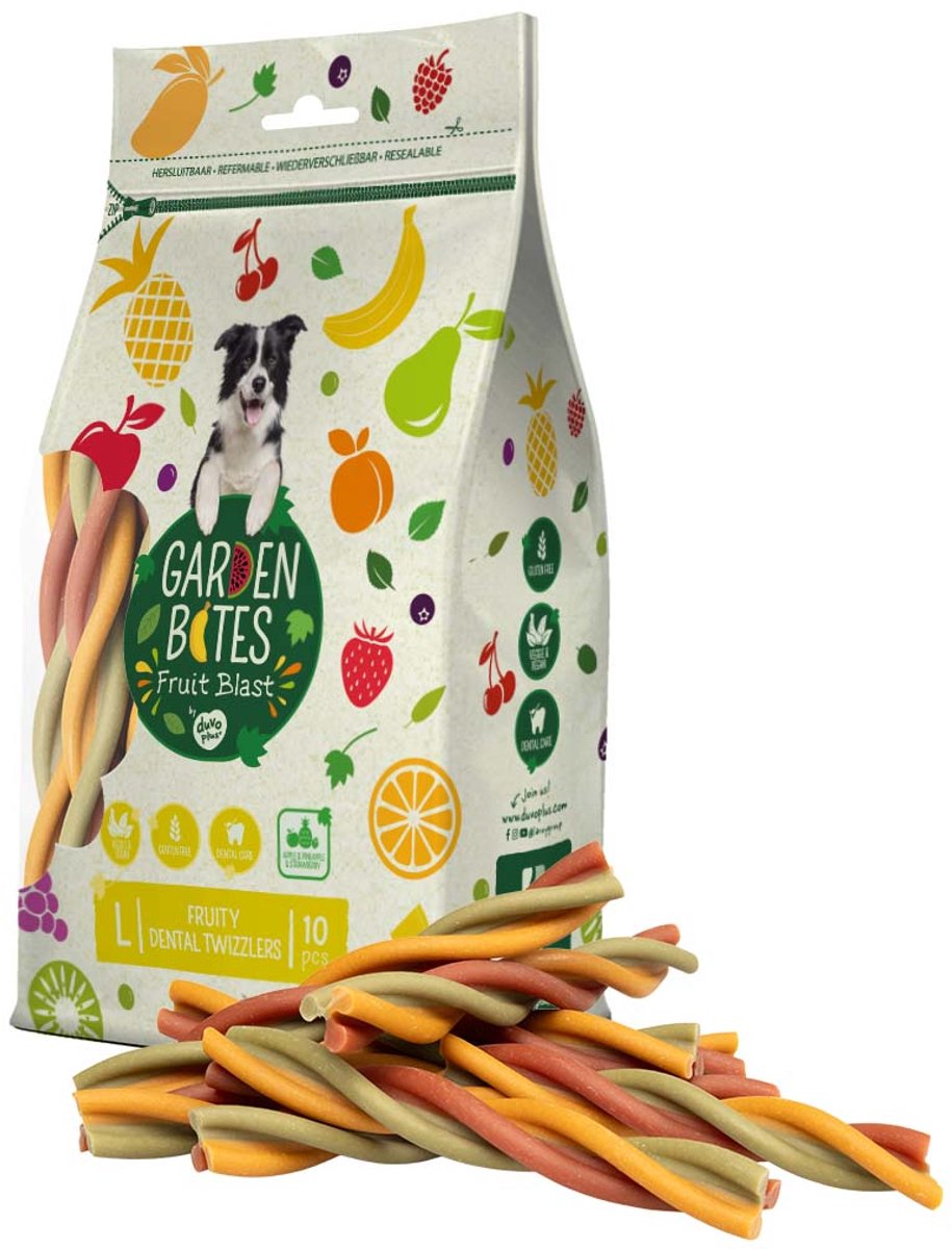 Garden bites duvoplus - fruity dental twizzlers hondensnacks - hondensnoepjes - vegetarisch glutenvrij - large 10st