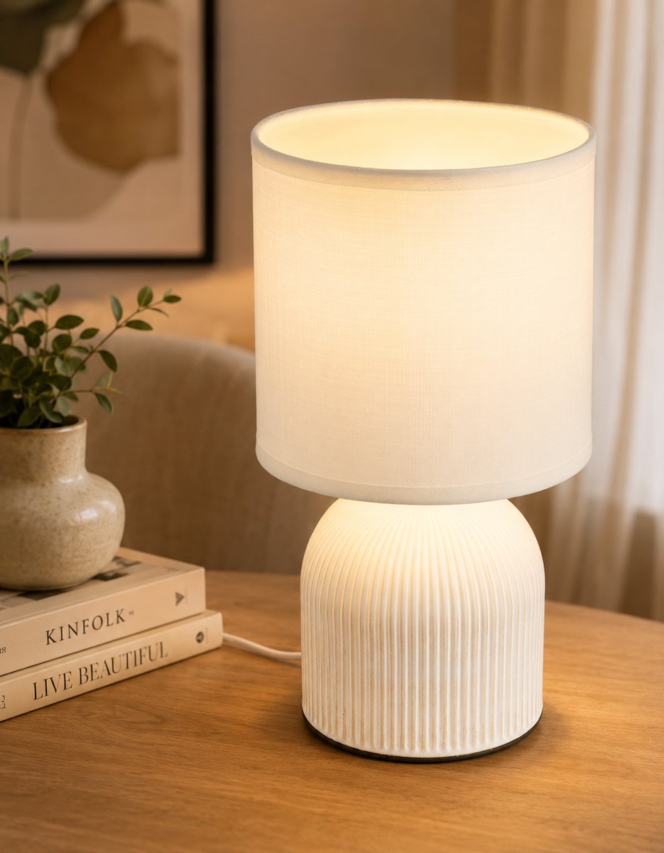 Briloner ino - tafellamp slaapkamer - met stoffen kap keramiek voet - bedlamp - tafellampje - ø15cm x 28 cm - wit