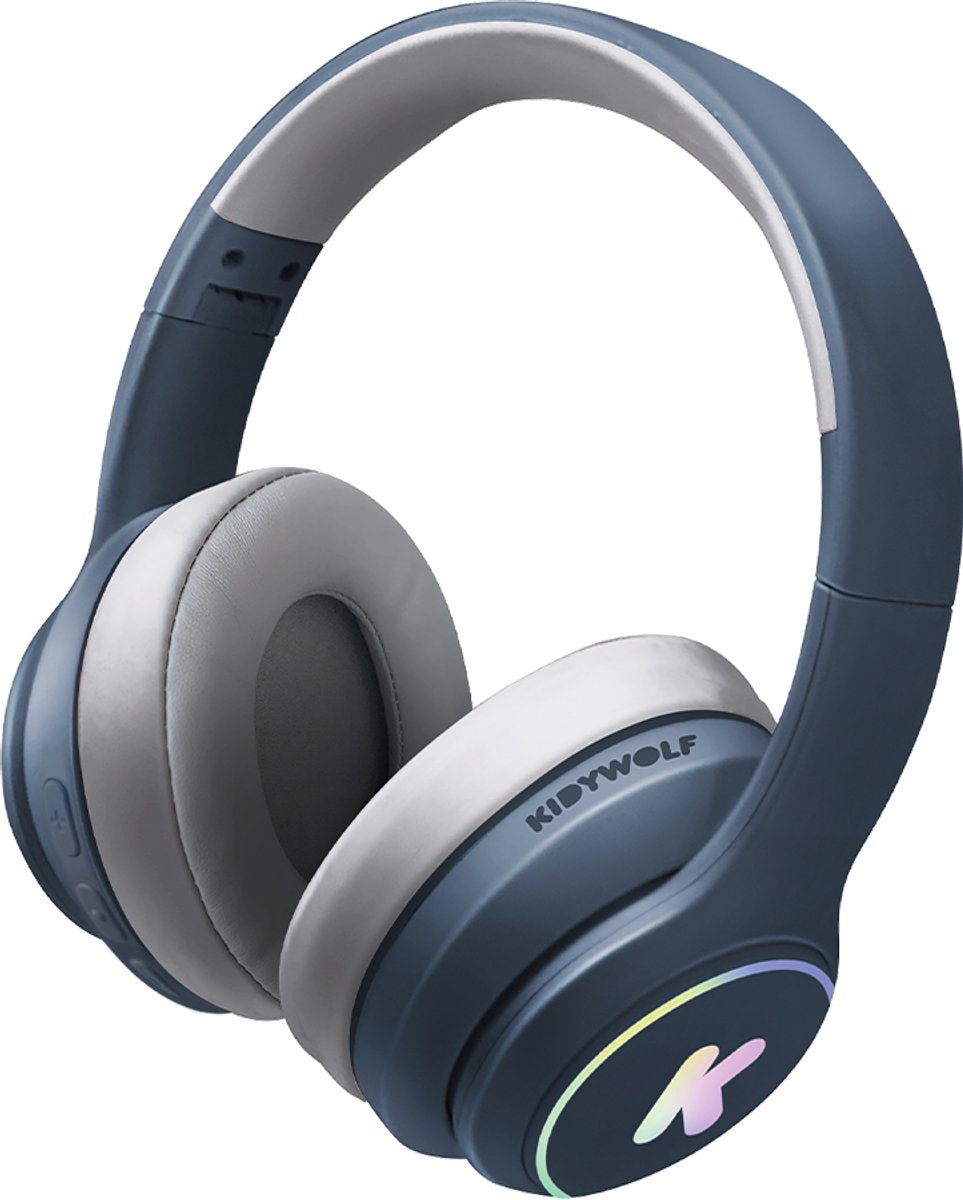 Kidywolf k-ears bluetooth kinderkoptelefoon blauw – 85db volume limiet, draadloos opvouwbaar, led