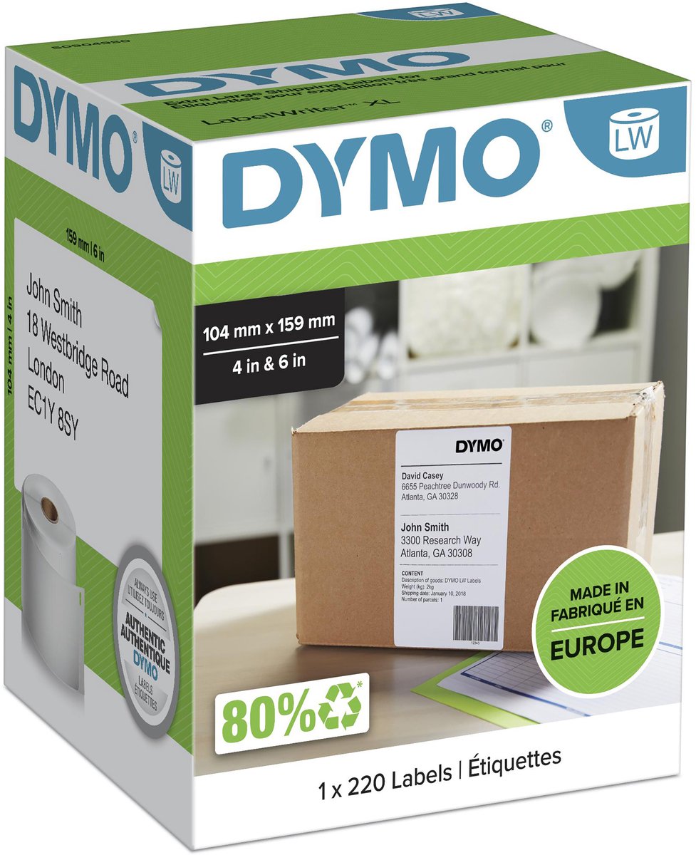 Dymo verzendetiketten voor labelwriter, extra groot - 104 mm x 159 mm - 220 zelfklevende labels - geschikt voor de labelwriter - gemaakt in europa