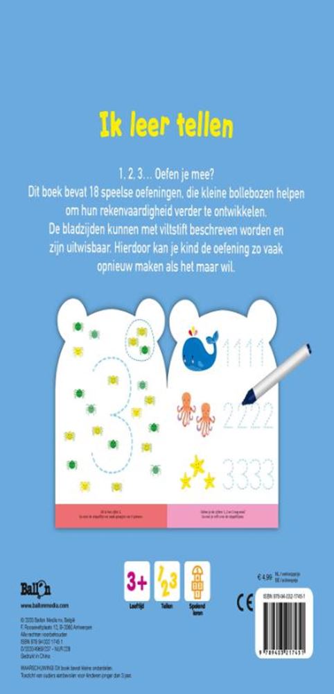 Standaard uitgeverij ik leer tellen, wipe and clean dieren 3+