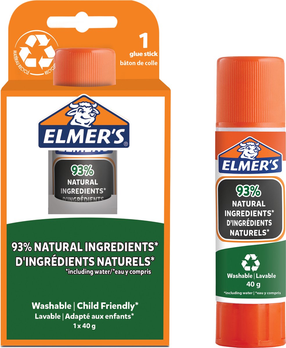 Elmer's pure lijmstiften | 93% natuurlijke ingrediënten | 100% hergebruikt plastic | geweldig voor knutselen en op school | uitwasbaar en kindvriendelijk | 40 g | 1 stuk