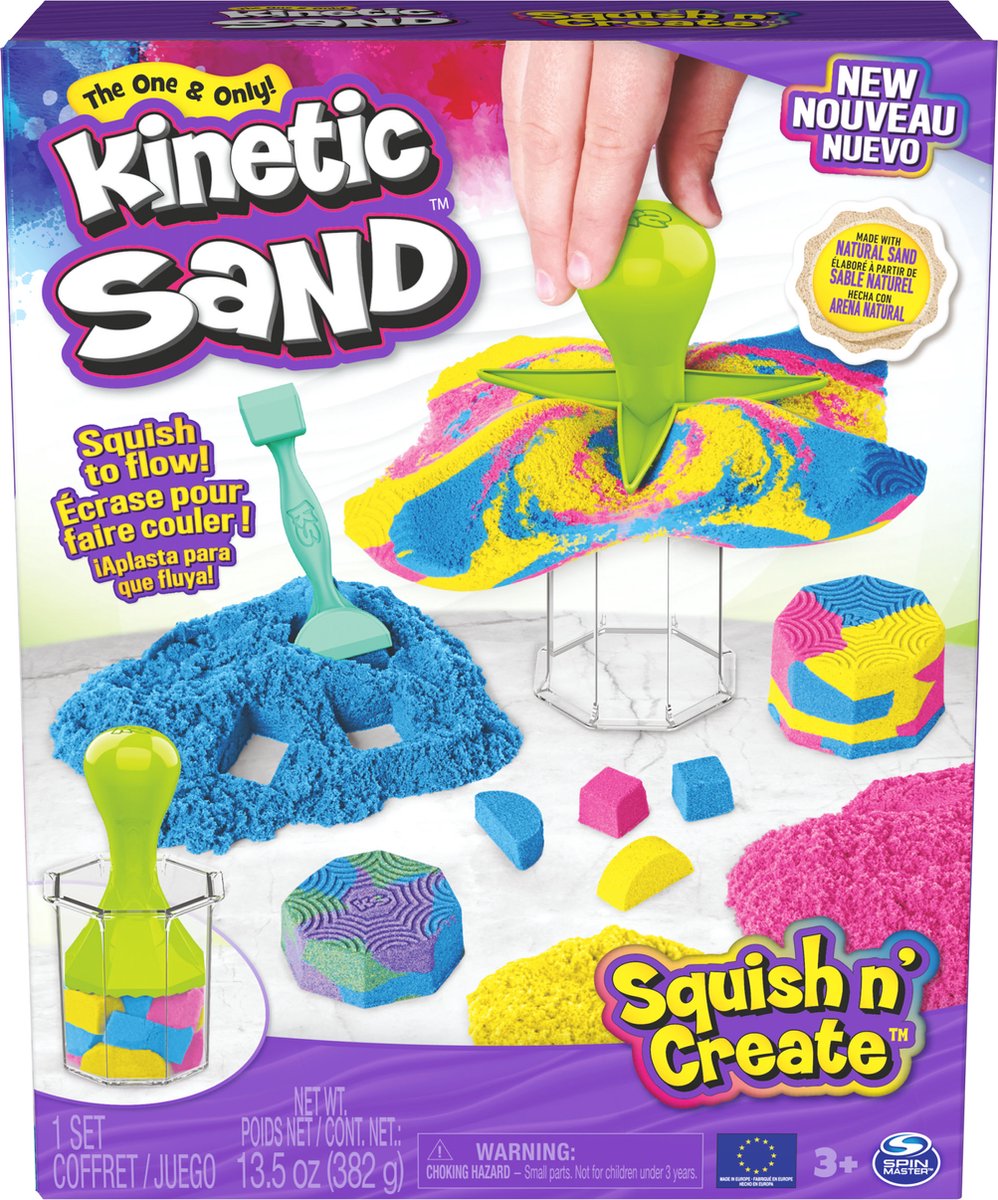 Kinetic sand - squish n’ create met 382 g blauw geel en roze origineel en 5 gereedschappen - sensoriche speelgoed