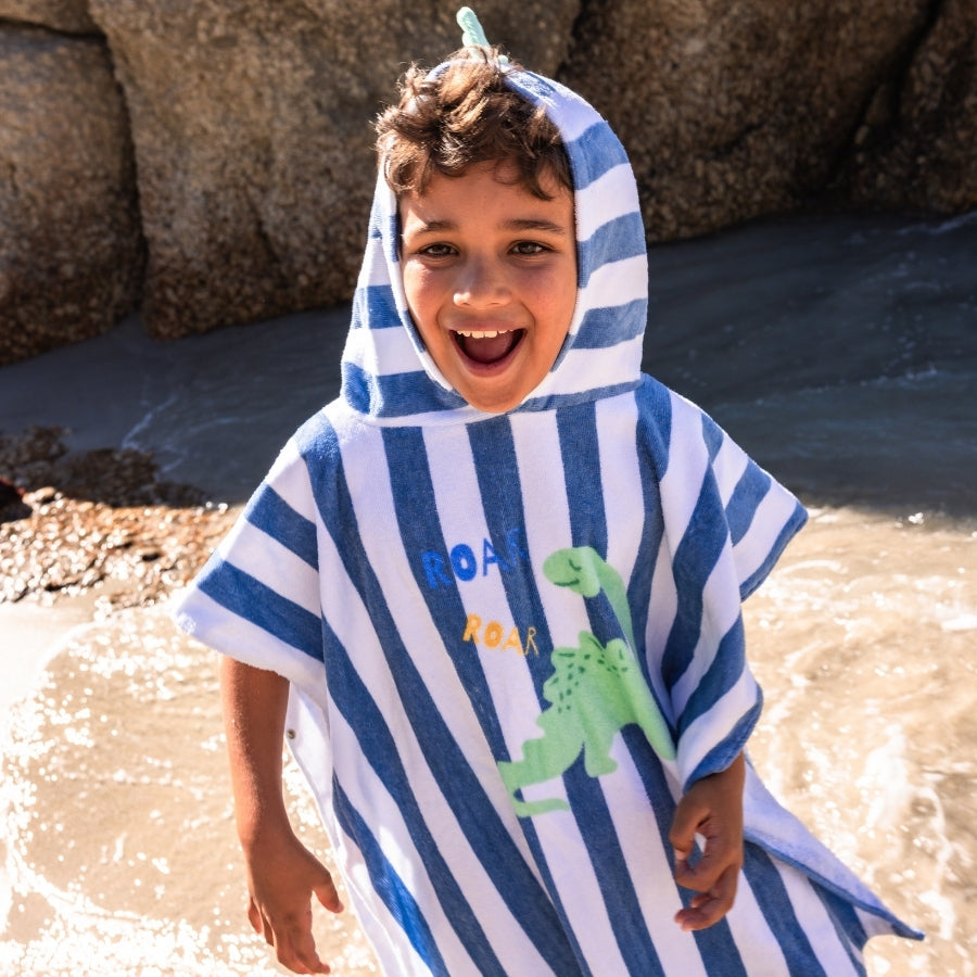 Dino | blauwe katoenen strandponcho 65 x 65 cm